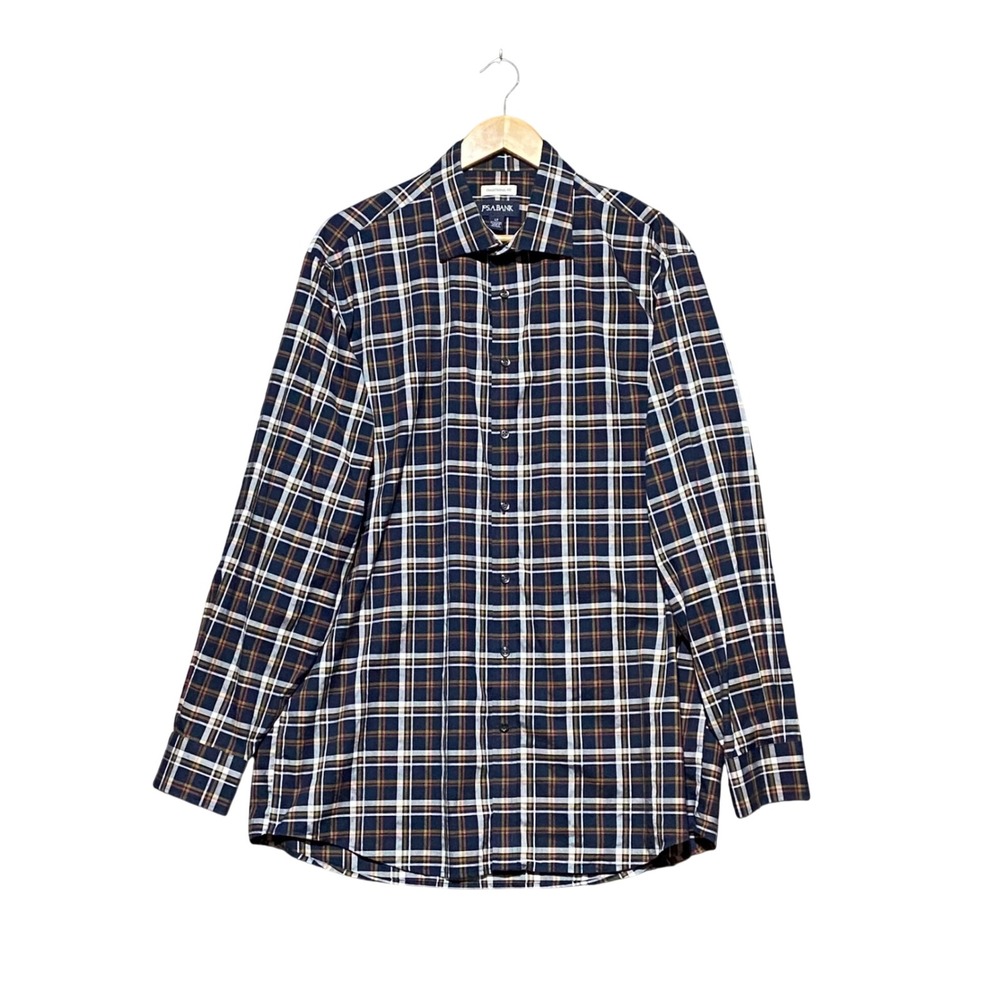 Jos. A. Bank Mens LT Navy Blue Plaid Traditional Fit Button Down Shirt Cotton